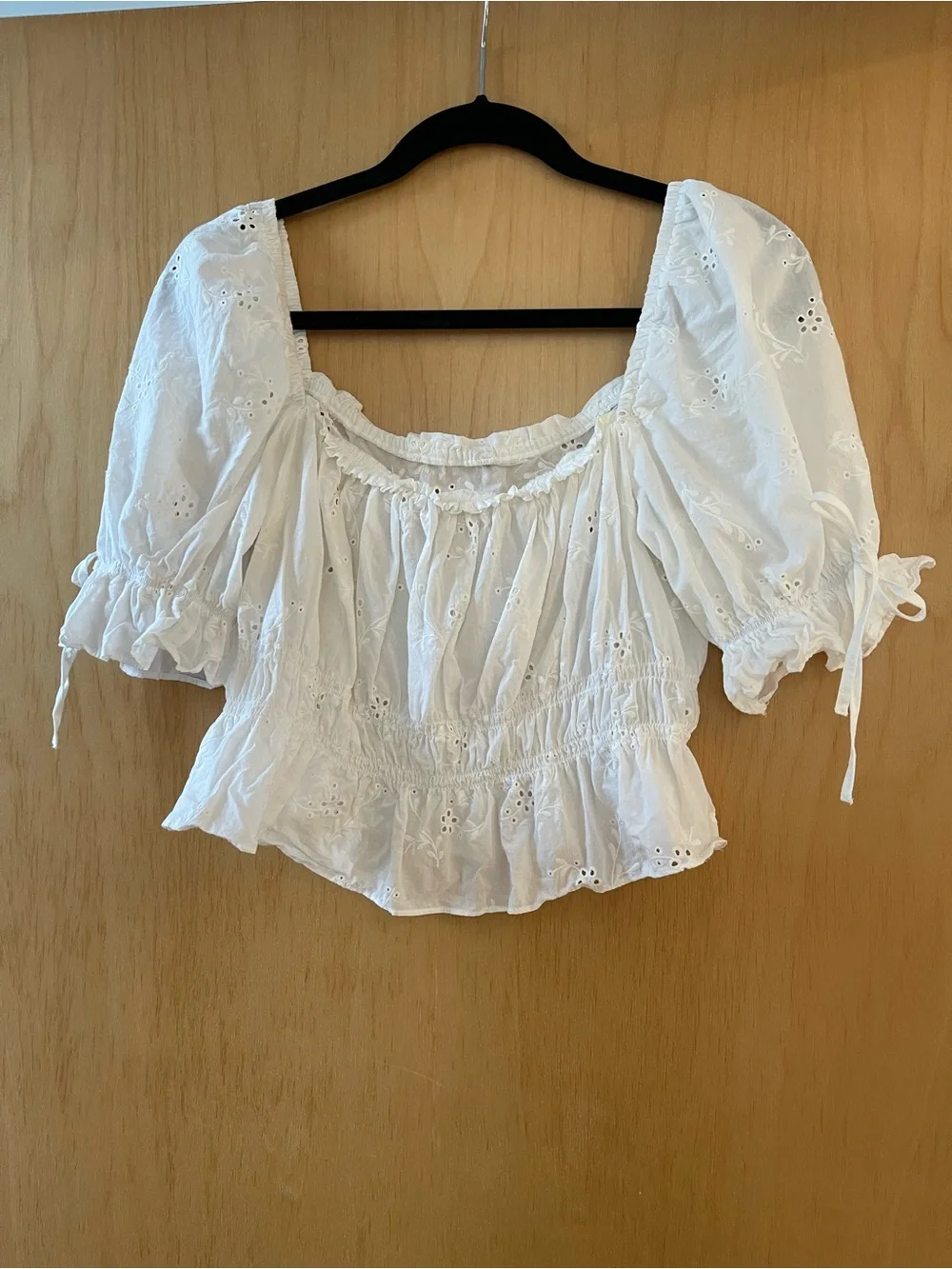 Reformation White Eyelet Puff-Sleeve Peasant Blouse